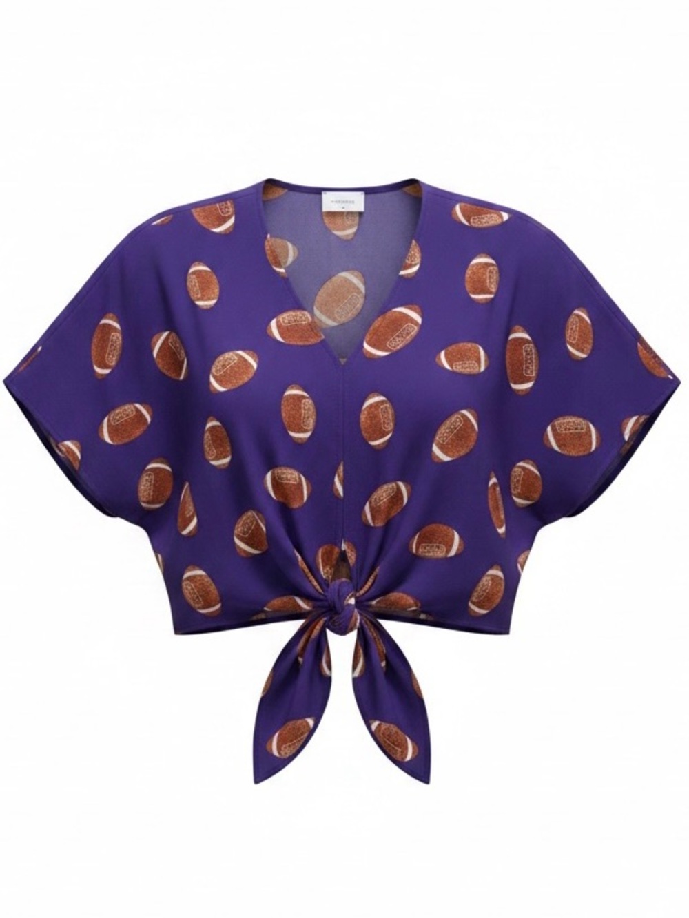 Adrienne Brand Tailgate
Touchdown Tie-Front Top purple all-over football print